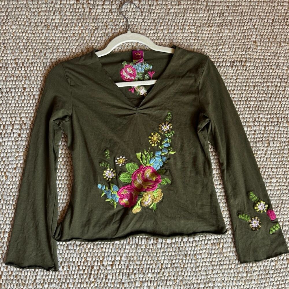 Save The Queen Vintage V-Neck Top Olive Floral Patchwork Embroidery Cotton M
